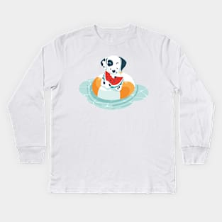 Summer pool pawty // aqua background Dalmatian dog breed in vacation playing on swimming pool Kids Long Sleeve T-Shirt